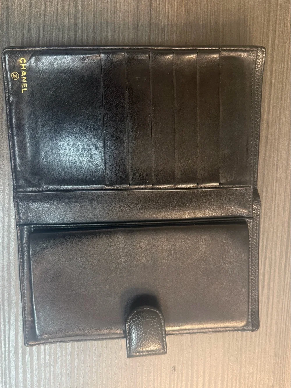 CHANEL Black Quilted Leather  Wallet   with Embossed Logo